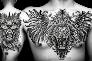 dragon lion Pegasus 
dragon and lion faces mixed
running
lions main
dragon claws
wings
full stretch like cat tattoo idea