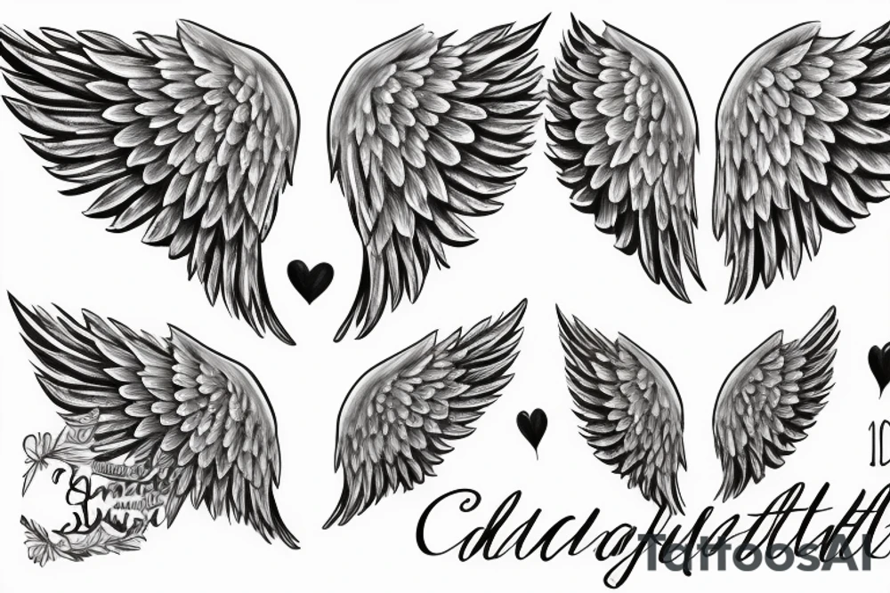 angel wings with the name 'Charlotte' inside and the date '03-07-2020' underneath the name tattoo idea
