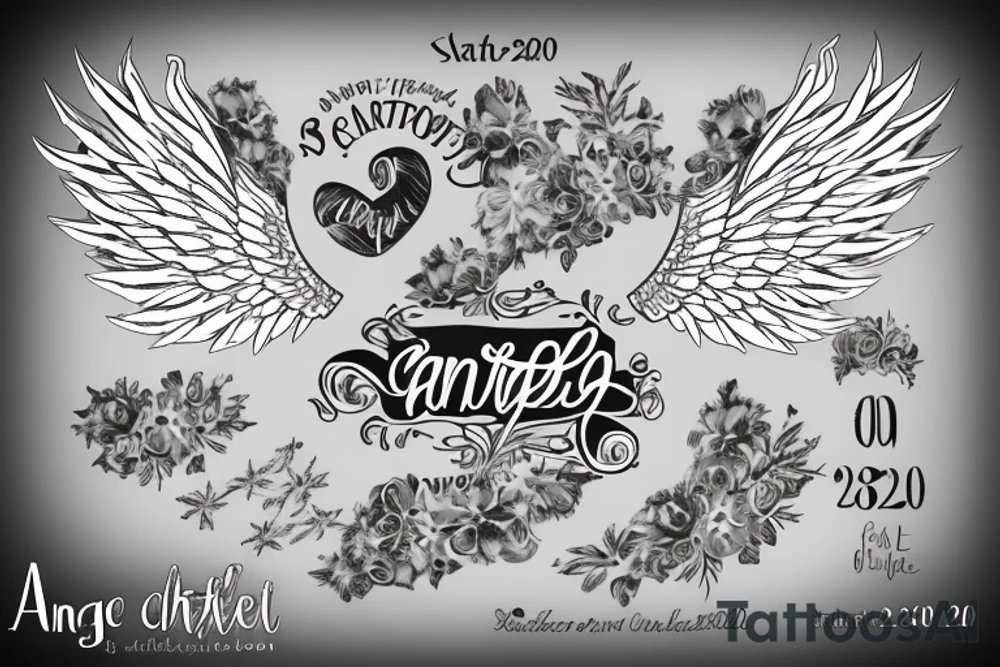 angel wings with the name 'Charlotte' inside and the date '03-07-2020' underneath the name tattoo idea