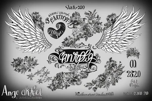 angel wings with the name 'Charlotte' inside and the date '03-07-2020' underneath the name tattoo idea