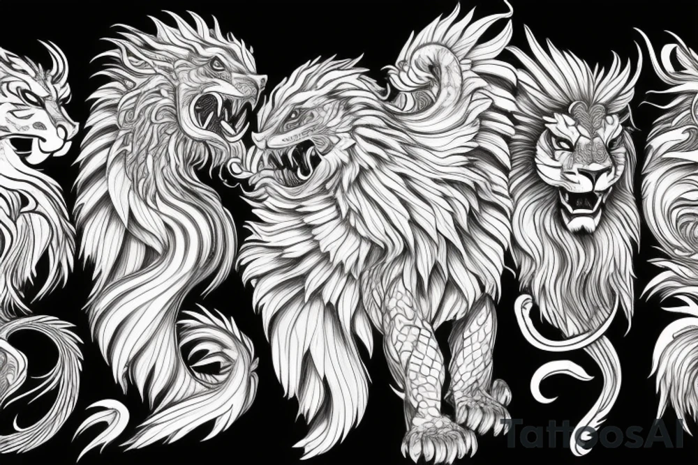 dragon lion Pegasus 
dragon and lion faces mixed
running
lions main
dragon claws
wings
full stretch like cat
entire pegasus tattoo idea