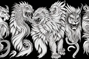 dragon lion Pegasus 
dragon and lion faces mixed
running
lions main
dragon claws
wings
full stretch like cat
entire pegasus tattoo idea