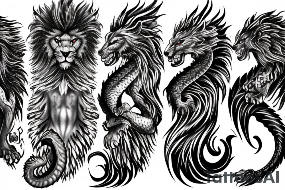 dragon lion Pegasus 
dragon and lion faces mixed
running
lions main
dragon claws
wings
full stretch like cat
entire pegasus tattoo idea