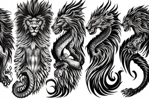 dragon lion Pegasus 
dragon and lion faces mixed
running
lions main
dragon claws
wings
full stretch like cat
entire pegasus tattoo idea