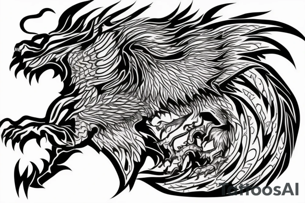 dragon lion Pegasus 
dragon and lion faces mixed
running
lions main
dragon claws
wings
full stretch like cat
entire pegasus tattoo idea