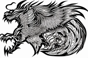 dragon lion Pegasus 
dragon and lion faces mixed
running
lions main
dragon claws
wings
full stretch like cat
entire pegasus tattoo idea