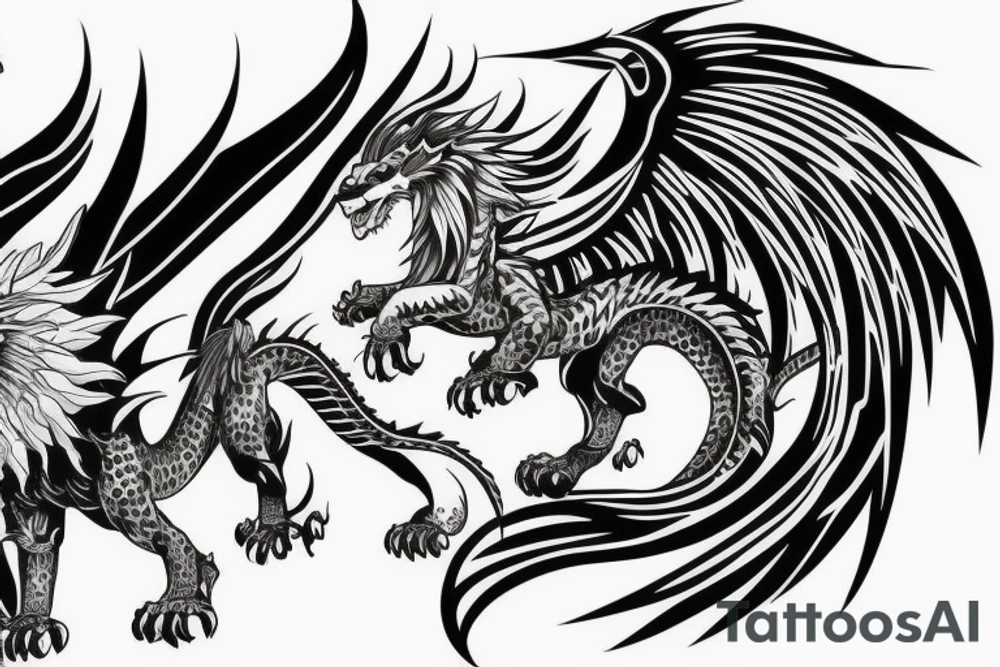 dragon lion Pegasus 
dragon and lion faces mixed
running
lions main
dragon claws
wings
full stretch like cat
entire pegasus tattoo idea