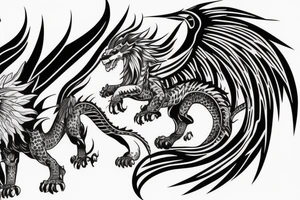 dragon lion Pegasus 
dragon and lion faces mixed
running
lions main
dragon claws
wings
full stretch like cat
entire pegasus tattoo idea