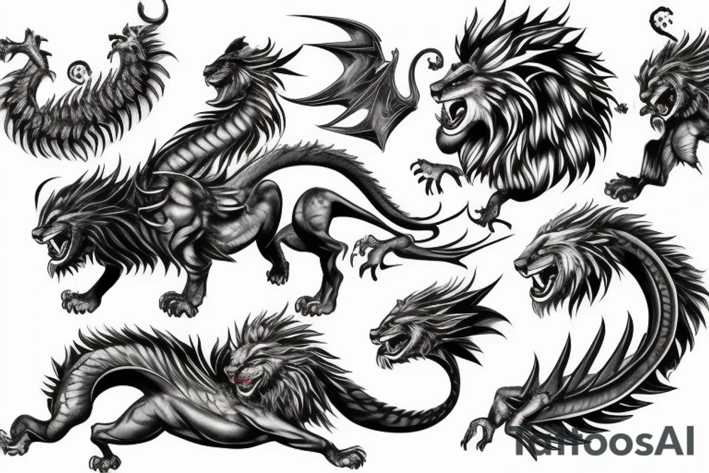 dragon lion Pegasus 
dragon and lion faces mixed
running
lions main
dragon claws
wings
full stretch like cat
entire pegasus tattoo idea