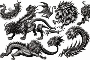 dragon lion Pegasus 
dragon and lion faces mixed
running
lions main
dragon claws
wings
full stretch like cat
entire pegasus tattoo idea