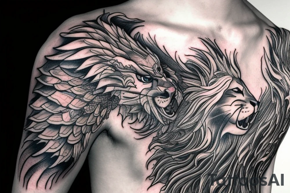 dragon lion Pegasus 
dragon and lion faces mixed
running
lions main
dragon claws
wings
full stretch like cat
entire pegasus tattoo idea