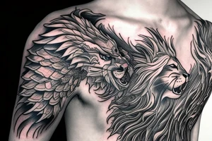 dragon lion Pegasus 
dragon and lion faces mixed
running
lions main
dragon claws
wings
full stretch like cat
entire pegasus tattoo idea