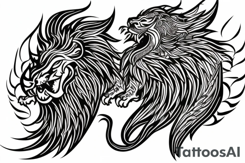 dragon lion Pegasus 
dragon and lion faces mixed
running
lions main
dragon claws
wings
full stretch like cat
entire pegasus tattoo idea
