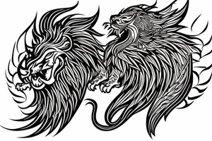 dragon lion Pegasus 
dragon and lion faces mixed
running
lions main
dragon claws
wings
full stretch like cat
entire pegasus tattoo idea