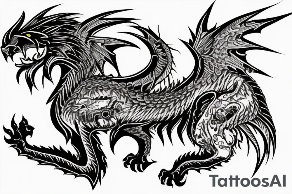 dragon lion Pegasus 
dragon and lion faces mixed
running
lions main
dragon claws
wings
full stretch like cat
entire pegasus tattoo idea