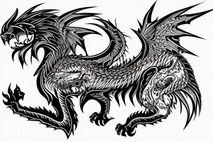 dragon lion Pegasus 
dragon and lion faces mixed
running
lions main
dragon claws
wings
full stretch like cat
entire pegasus tattoo idea