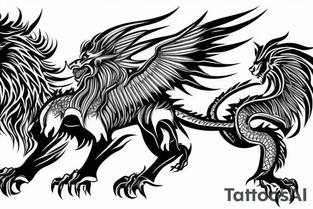 dragon lion Pegasus 
dragon and lion faces mixed
running
lions main
dragon claws
wings
full stretch like cat
entire pegasus tattoo idea