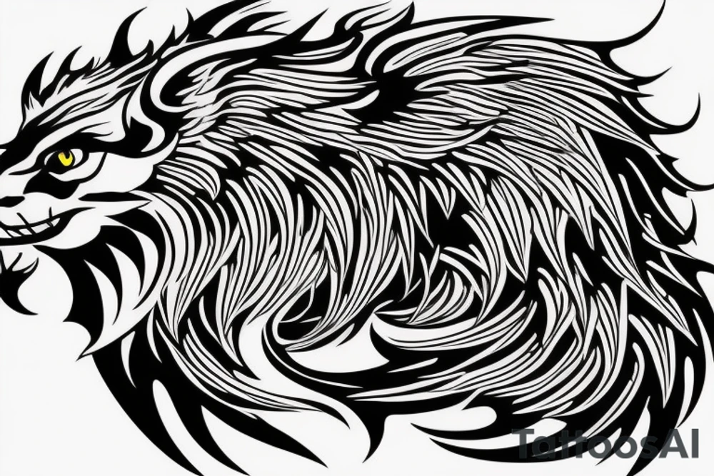 dragon lion Pegasus 
dragon and lion faces mixed
running
lions main
dragon claws
wings
full stretch like cat
entire pegasus tattoo idea