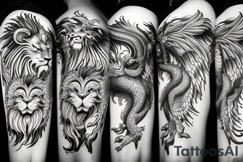 dragon lion Pegasus 
dragon and lion faces mixed
running
lions main
dragon claws
wings
full stretch like cat
entire pegasus tattoo idea