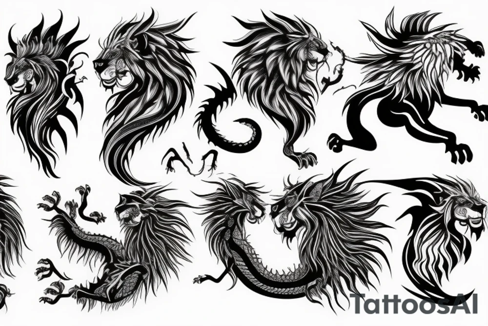 dragon lion Pegasus 
dragon and lion faces mixed
running
lions main
dragon claws
wings
full stretch like cat
entire pegasus tattoo idea