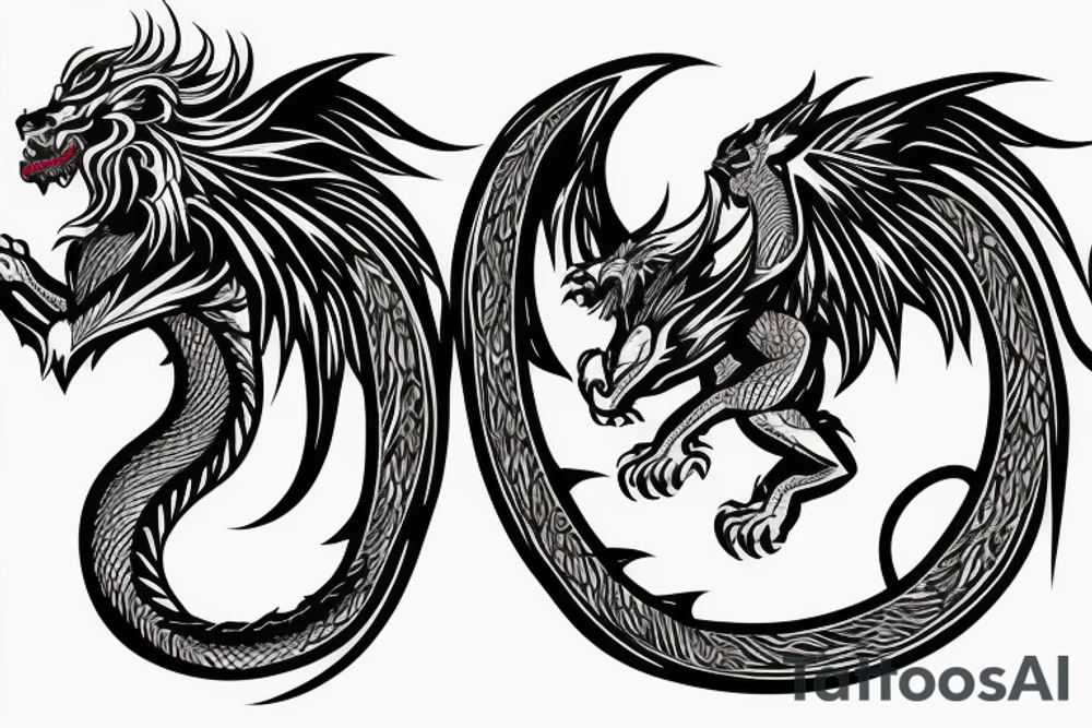 dragon lion Pegasus 
dragon and lion faces mixed
running
lions main
dragon claws
wings
full stretch like cat
entire pegasus tattoo idea