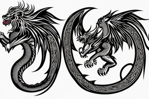 dragon lion Pegasus 
dragon and lion faces mixed
running
lions main
dragon claws
wings
full stretch like cat
entire pegasus tattoo idea