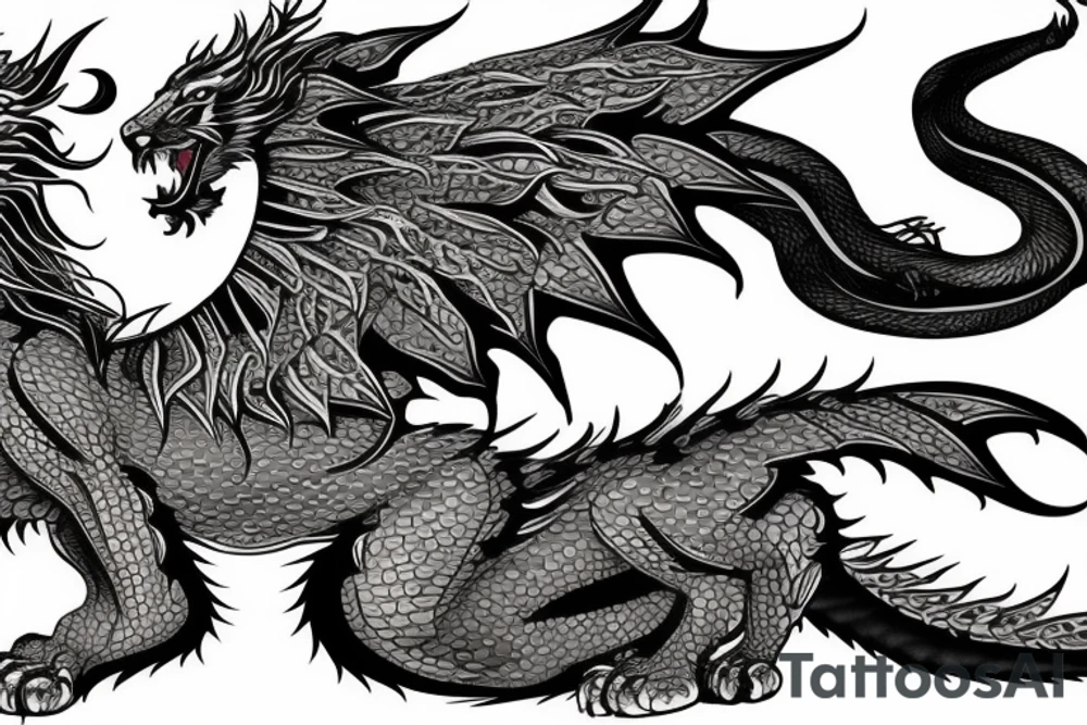 dragon lion Pegasus 
dragon and lion faces mixed
running
lions main
dragon claws
wings
full stretch like cat
entire pegasus tattoo idea