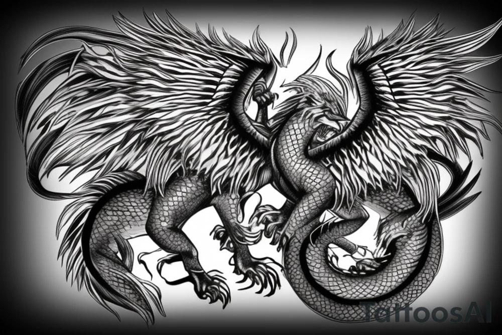 dragon lion Pegasus 
dragon and lion faces mixed
running
lions main
dragon claws
wings
snake like
entire pegasus tattoo idea