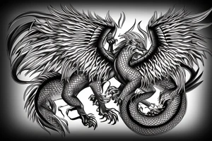 dragon lion Pegasus 
dragon and lion faces mixed
running
lions main
dragon claws
wings
snake like
entire pegasus tattoo idea