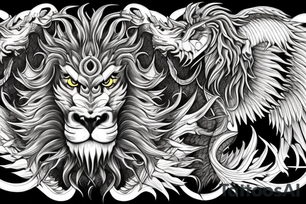 dragon lion Pegasus 
dragon and lion faces mixed
running
lions main
dragon claws
wings
snake like
entire pegasus tattoo idea