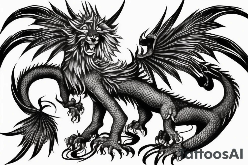 dragon lion Pegasus 
dragon and lion faces mixed
running
lions main
dragon claws
wings
snake like
entire pegasus tattoo idea