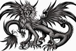 dragon lion Pegasus 
dragon and lion faces mixed
running
lions main
dragon claws
wings
snake like
entire pegasus tattoo idea