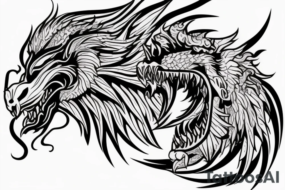 dragon lion Pegasus 
dragon and lion faces mixed
running
lions main
dragon claws
wings
snake like
twisting
entire pegasus tattoo idea