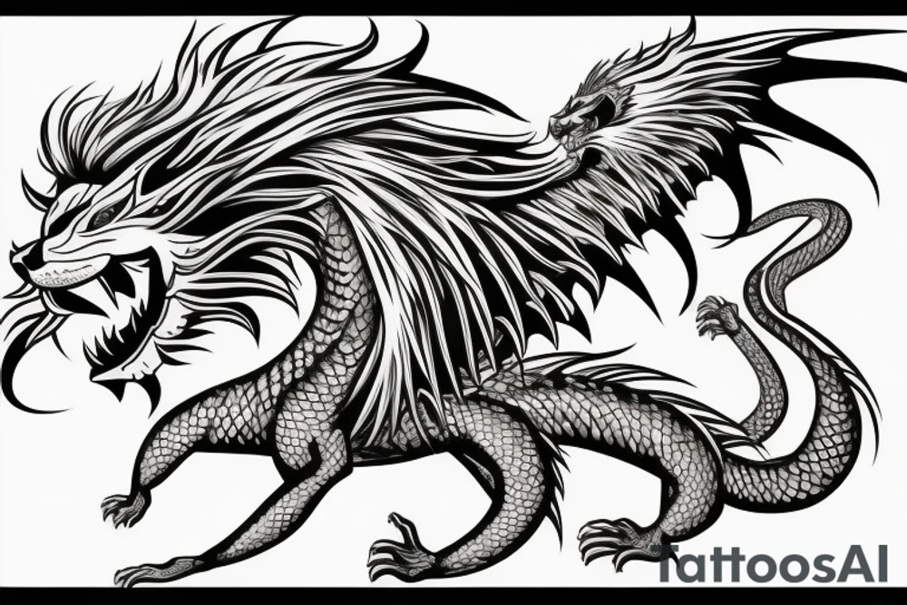 dragon lion Pegasus 
dragon and lion faces mixed
running
lions main
dragon claws
wings
snake like
twisting
entire pegasus tattoo idea