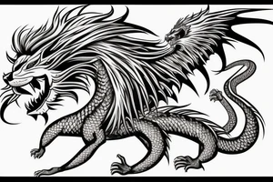 dragon lion Pegasus 
dragon and lion faces mixed
running
lions main
dragon claws
wings
snake like
twisting
entire pegasus tattoo idea
