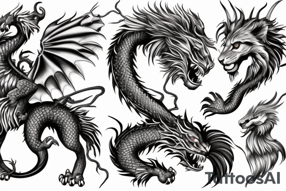 dragon lion Pegasus 
dragon and lion faces mixed
running
lions main
dragon claws
wings
snake like
twisting
entire pegasus tattoo idea