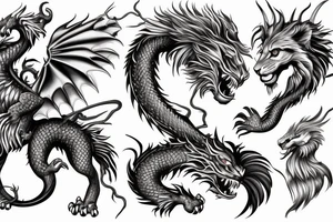 dragon lion Pegasus 
dragon and lion faces mixed
running
lions main
dragon claws
wings
snake like
twisting
entire pegasus tattoo idea