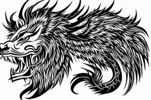 dragon lion Pegasus 
dragon and lion faces mixed
running
lions main
dragon claws
wings
snake like
twisting
entire pegasus tattoo idea