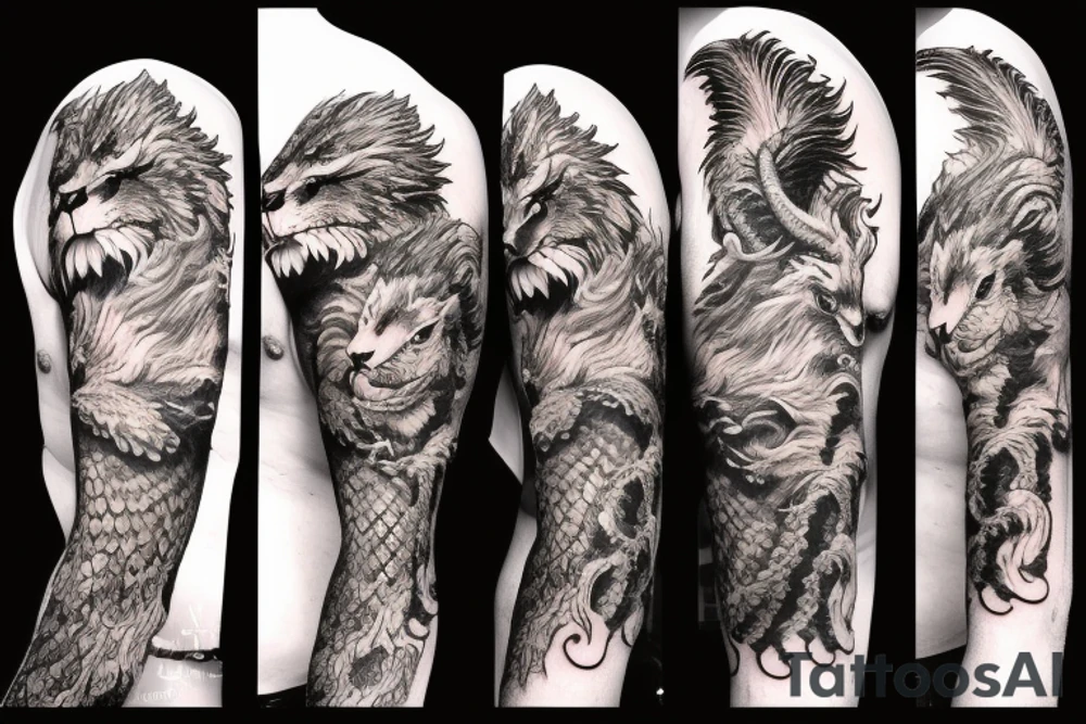 dragon lion Pegasus 
dragon and lion faces mixed
running
lions main
dragon claws
wings
snake like
twisting
entire pegasus tattoo idea