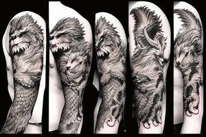 dragon lion Pegasus 
dragon and lion faces mixed
running
lions main
dragon claws
wings
snake like
twisting
entire pegasus tattoo idea