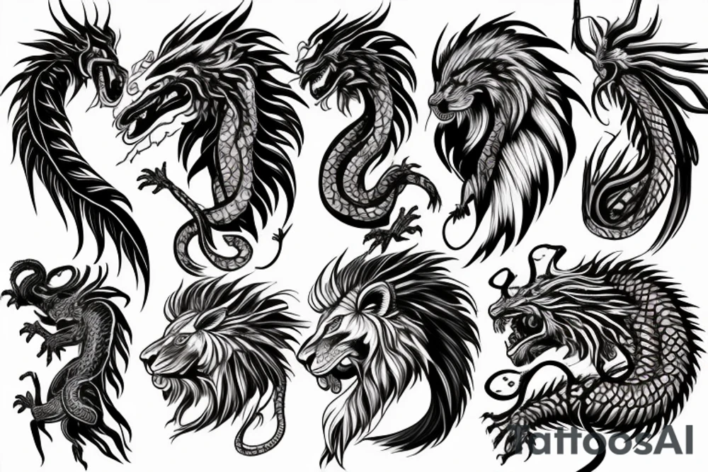 dragon lion Pegasus 
dragon and lion faces mixed
running
lions main
dragon claws
wings
snake like
twisting
entire pegasus tattoo idea