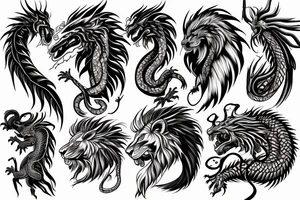 dragon lion Pegasus 
dragon and lion faces mixed
running
lions main
dragon claws
wings
snake like
twisting
entire pegasus tattoo idea