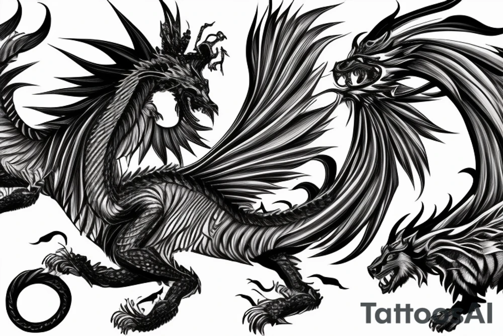 dragon lion Pegasus 
dragon and lion faces mixed
running
lions main
dragon claws
wings
snake like
twisting
entire pegasus tattoo idea