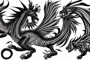 dragon lion Pegasus 
dragon and lion faces mixed
running
lions main
dragon claws
wings
snake like
twisting
entire pegasus tattoo idea