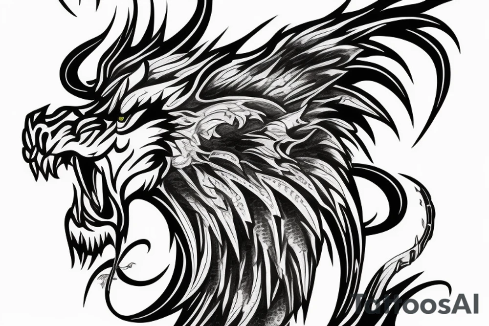 dragon lion Pegasus 
dragon and lion faces mixed
running
lions main
dragon claws
wings
snake like
twisting
entire pegasus tattoo idea