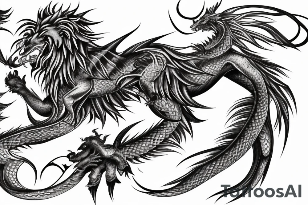 dragon lion Pegasus 
dragon and lion faces mixed
running
lions main
dragon claws
wings
snake like
twisting
entire pegasus tattoo idea