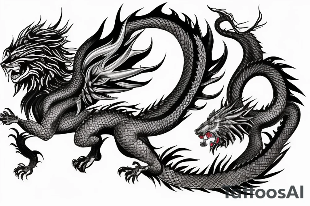 dragon lion Pegasus 
dragon and lion faces mixed
running
lions main
dragon claws
wings
snake like
twisting
entire pegasus tattoo idea