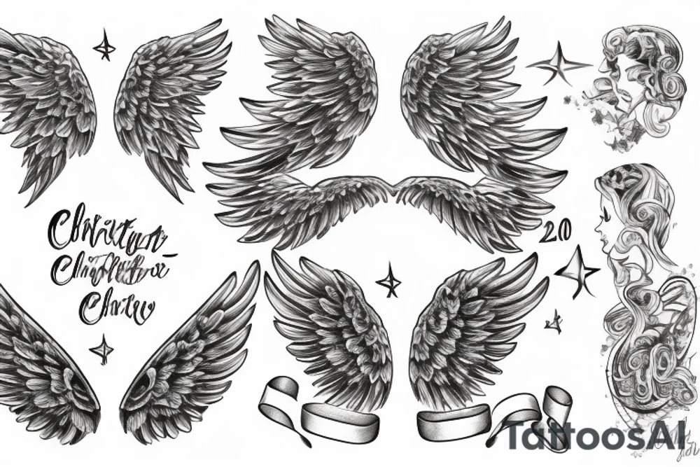 angel wings with the name 'Charlotte' inside and the date '03-07-2020' underneath the name tattoo idea