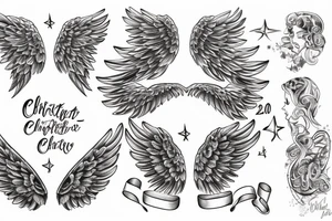 angel wings with the name 'Charlotte' inside and the date '03-07-2020' underneath the name tattoo idea