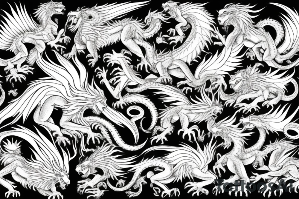 dragon lion Pegasus 
dragon and lion faces mixed
running
lions main
dragon claws
wings
snake like
twisting
entire pegasus tattoo idea